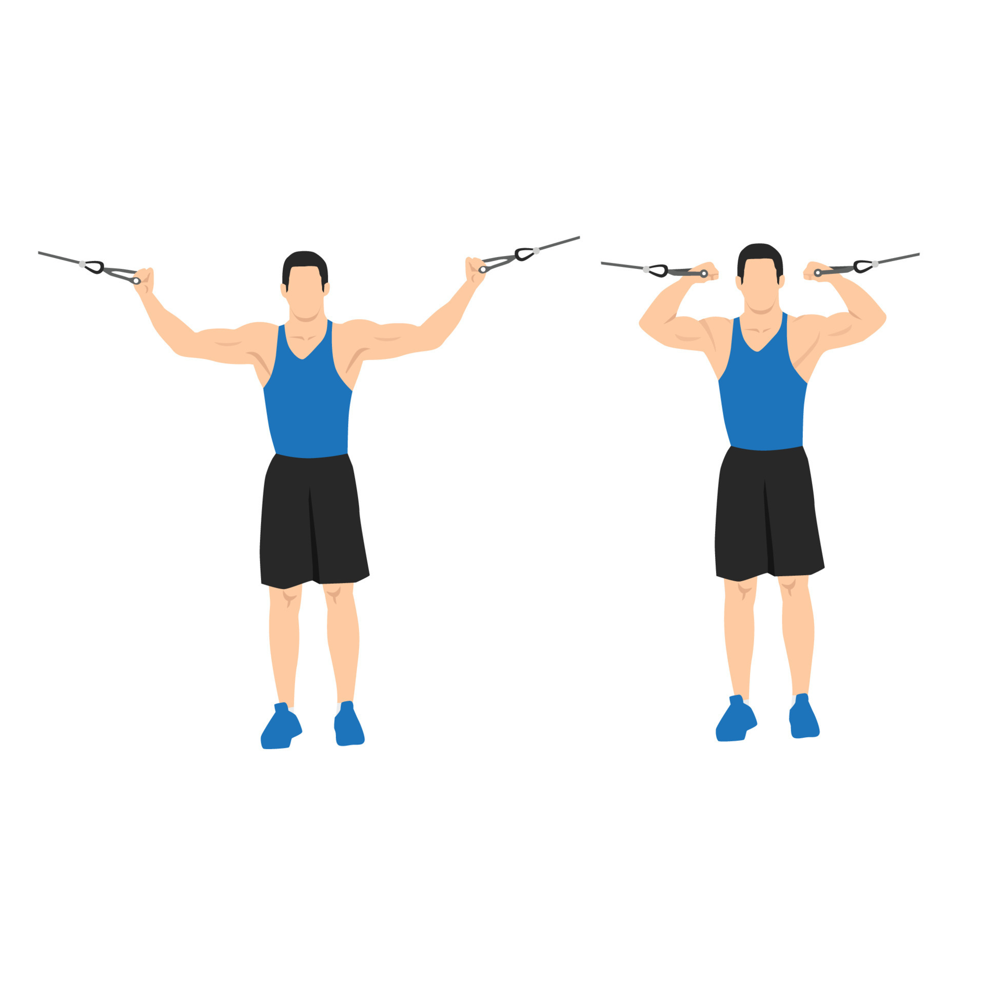 Man doing overhead cable curls. Crucifix curls. flat vector