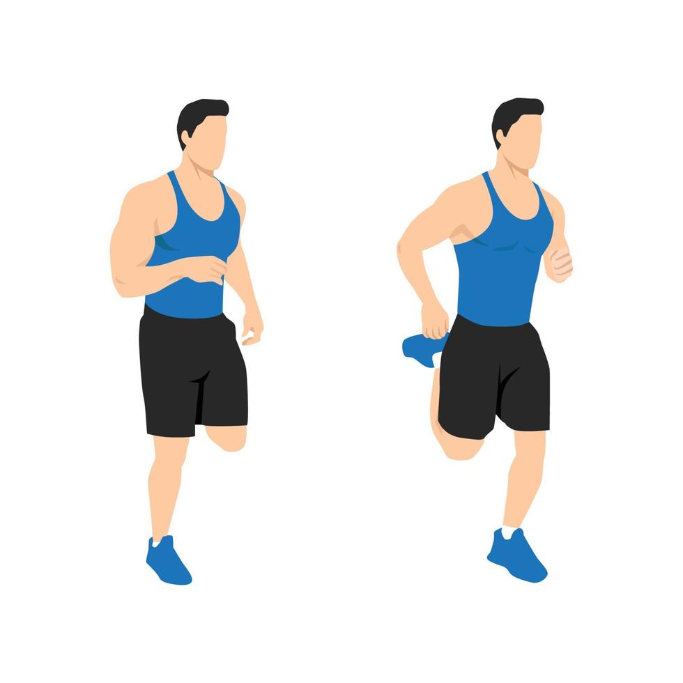 Man doing butt kicks exercise. Flat vector illustration isolated on white background. Workout character set