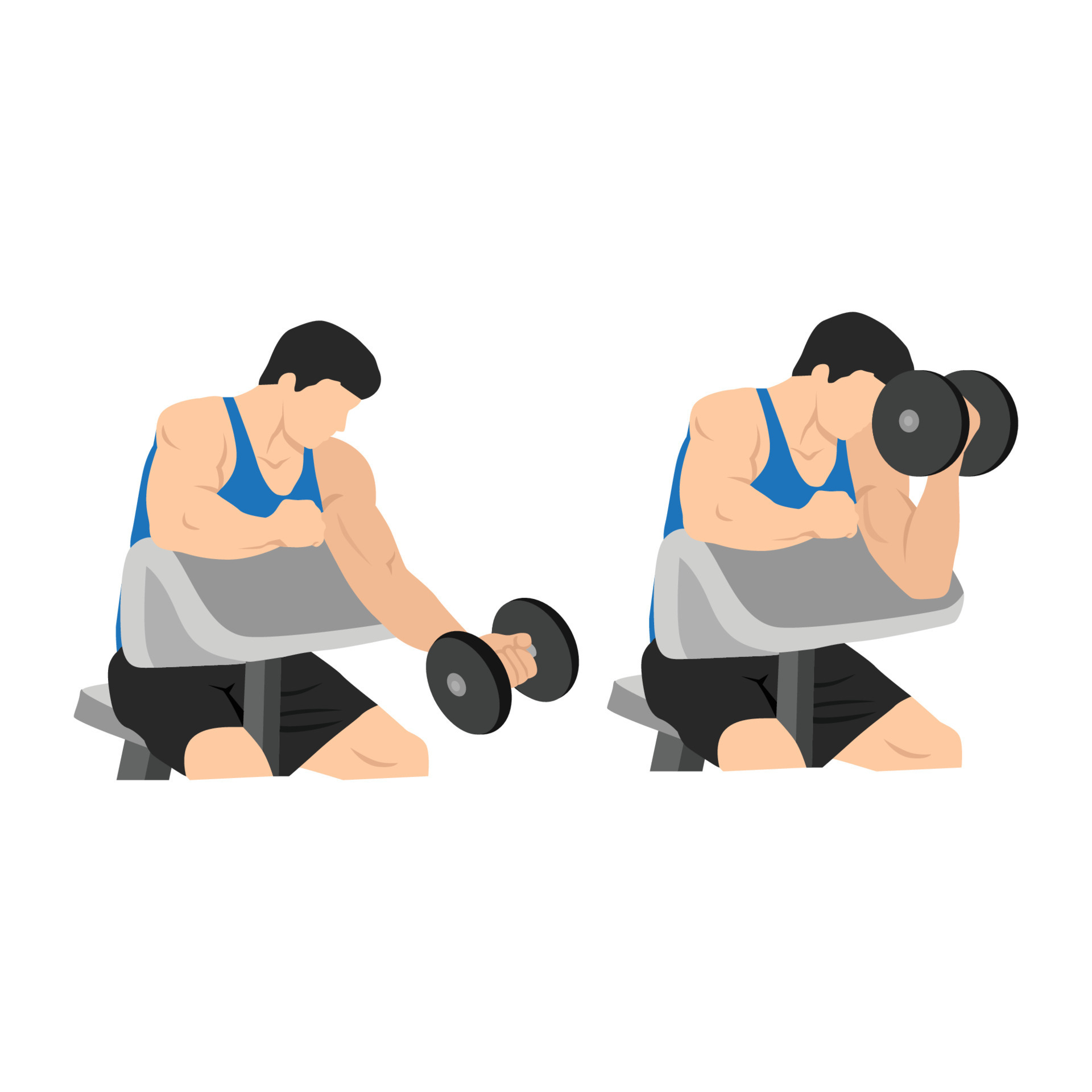 Man doing one arm dumbbell preacher curl. Flat vector illustration