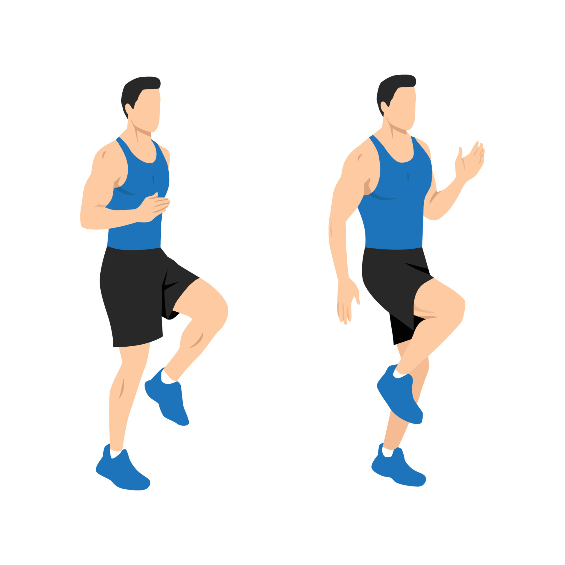 Man doing High knees. Front knee lifts. Run. and Jog on the spot exercise.  Flat vector illustration isolated on white background 8572906 Vector Art at  Vecteezy