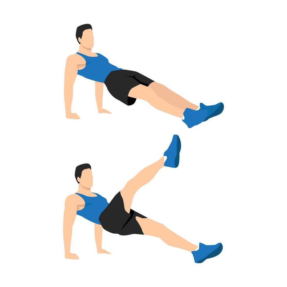 Reverse plank kicks exercise. Flat vector illustration isolated on white background. workout character set