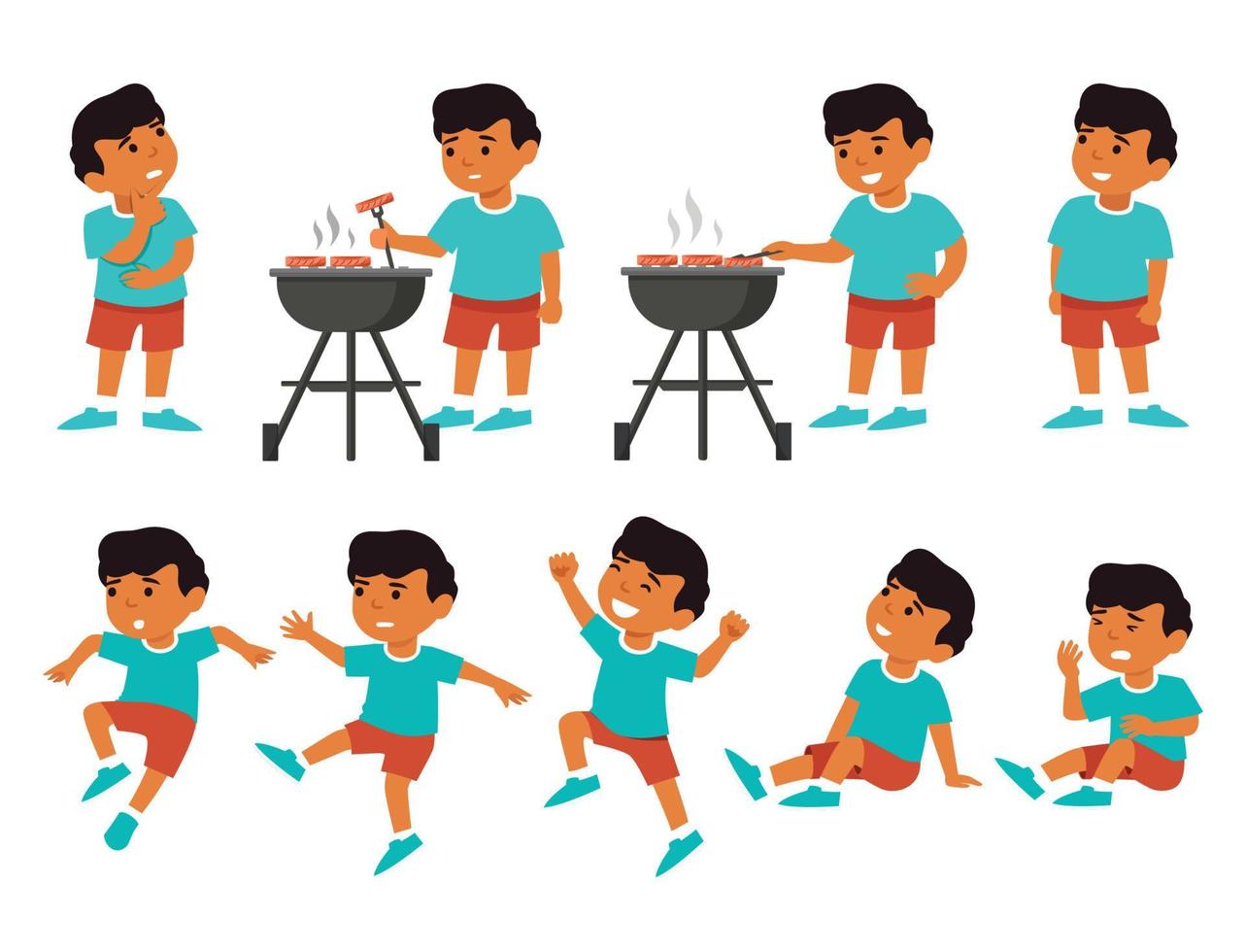 Cute little boy character set. Jumping and having fun isolated on different layers. Cooking sausage and thinking vector