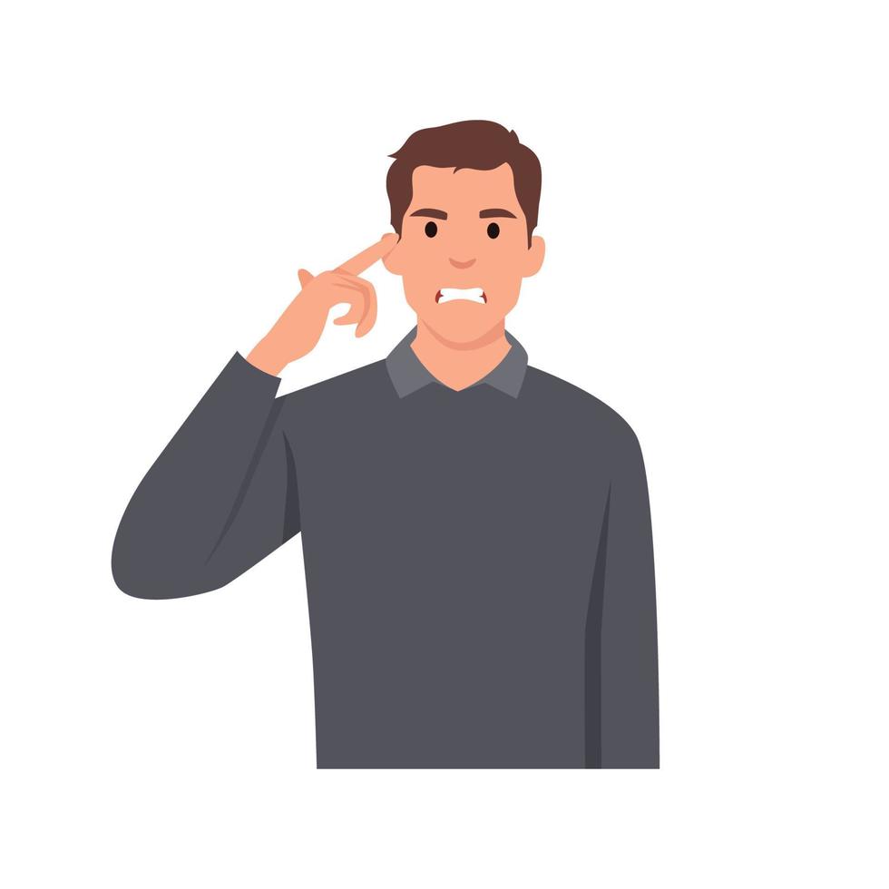 Young man Angry irritated, stressed and getting mad with throbbing vein on forehead man, holding finger at temple, annoye and furious with negative emotion expression vector