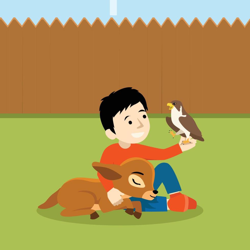 Boy playing with fawn and eagle in his backyard flat vector illustration for story book