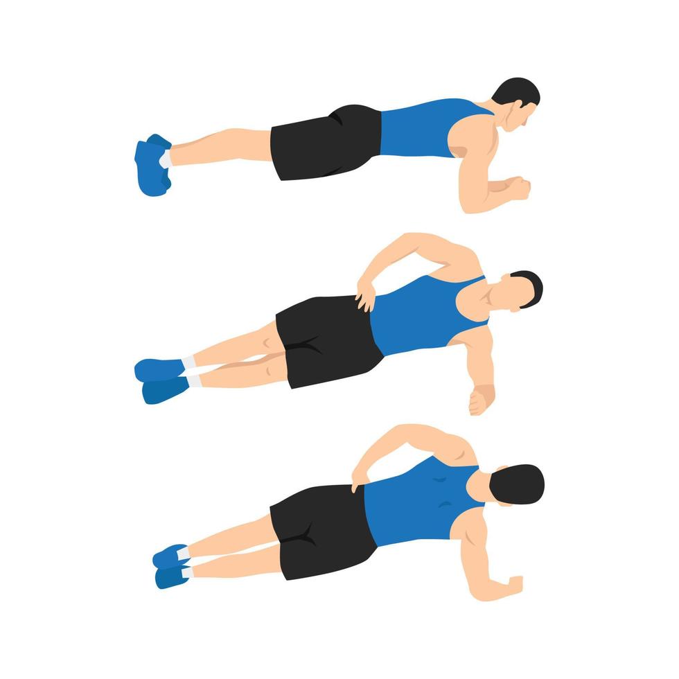Man doing plank rolls exercise. Abdominals exercise flat vector illustration isolated on white background