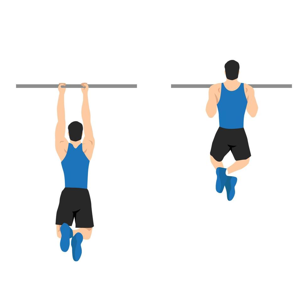 hombre haciendo ejercicios de dominadas. ejercicio de fitness y culturismo en el gimnasio. estilo de vida saludable y activo. ilustración vectorial plana aislada sobre fondo blanco vector