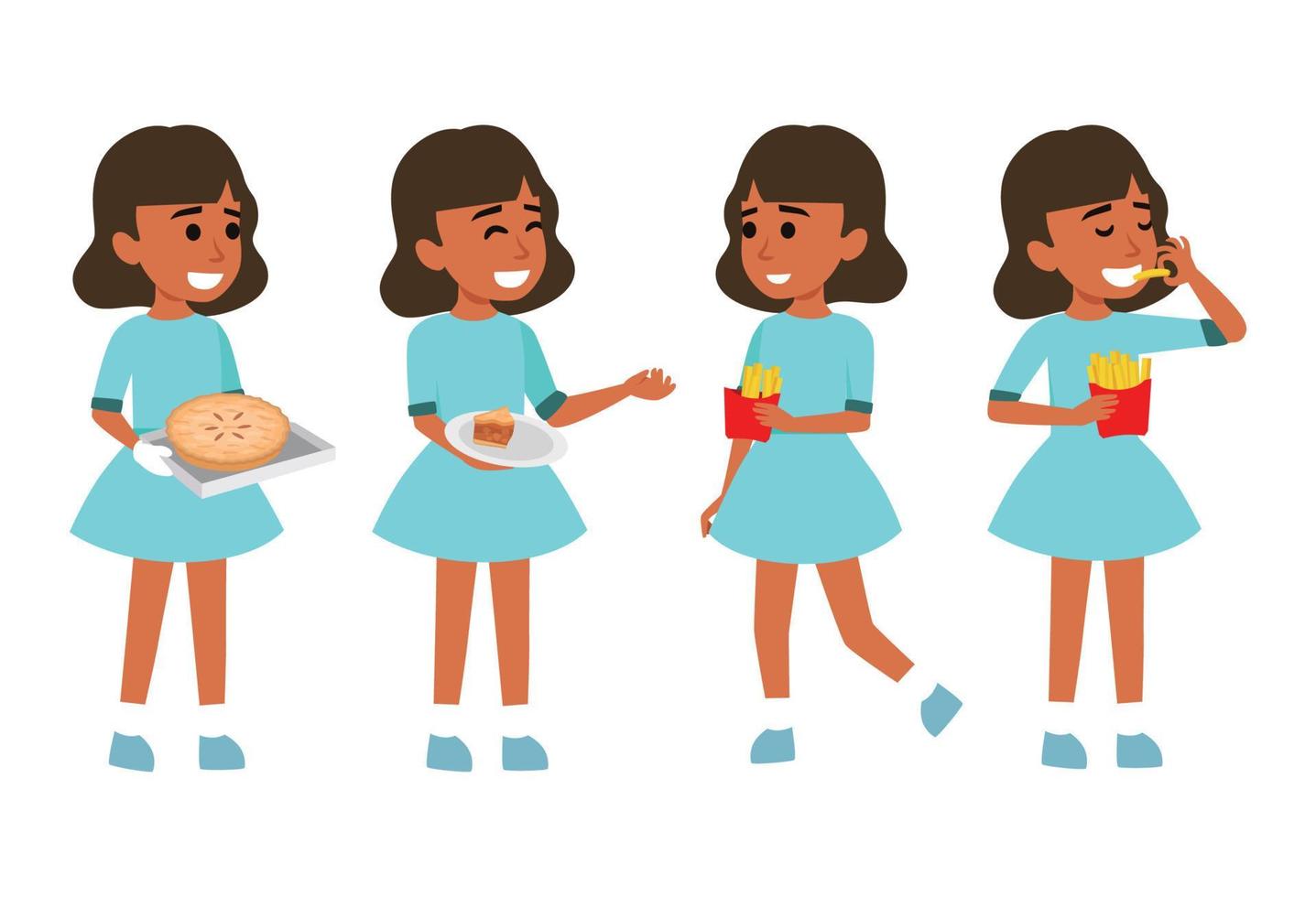 Cute little girl eating french fries and pie flat vector illustration isolated on different layers. with editable vector file