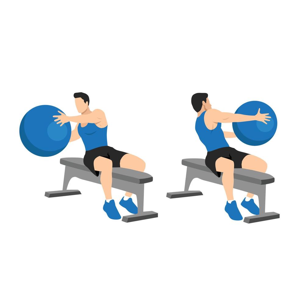 Man doing Bench Swiss. fitness workout, practicing abs exercise with med ball at gym. Russian twist with medicine ball. Flat vector illustration isolated on white background