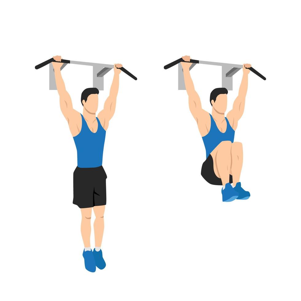Man doing hanging knee leg raises. Abdominals exercise. Flat vector illustration isolated on white background. Editable file with layers