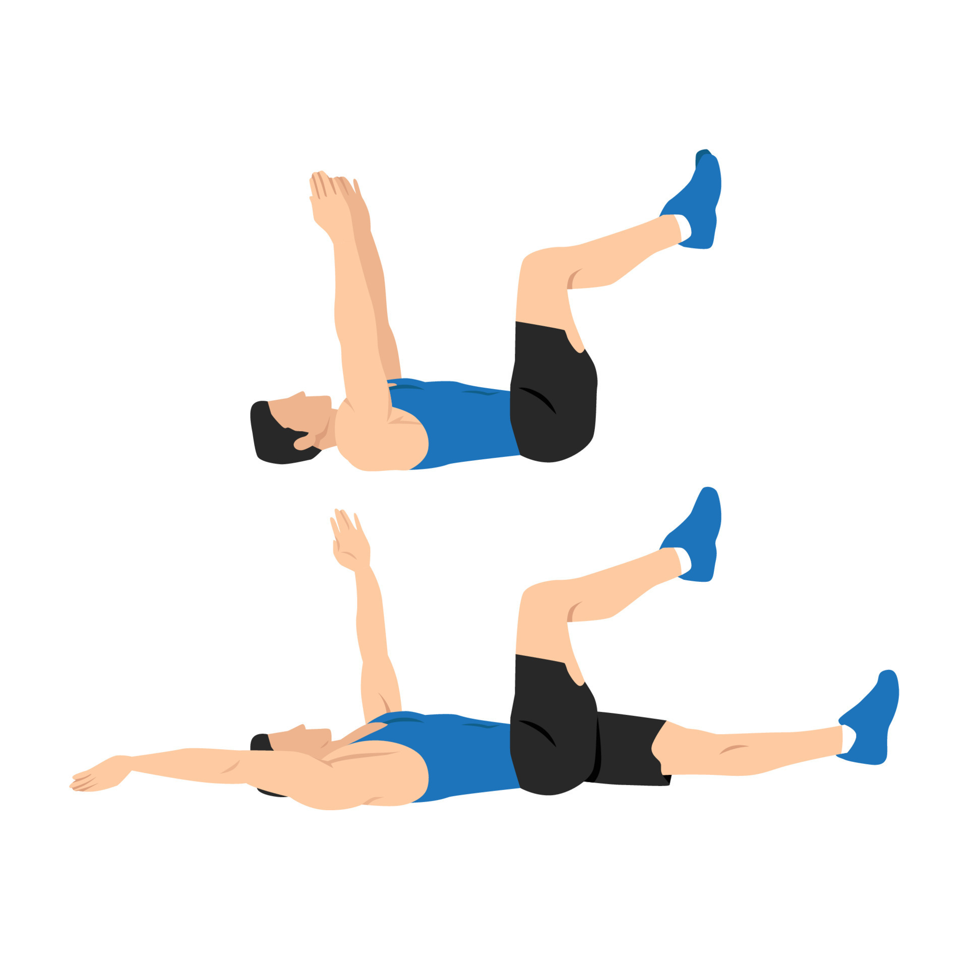 Man doing dead bug exercise. Abdominals exercise. Flat vector illustration isolated on white