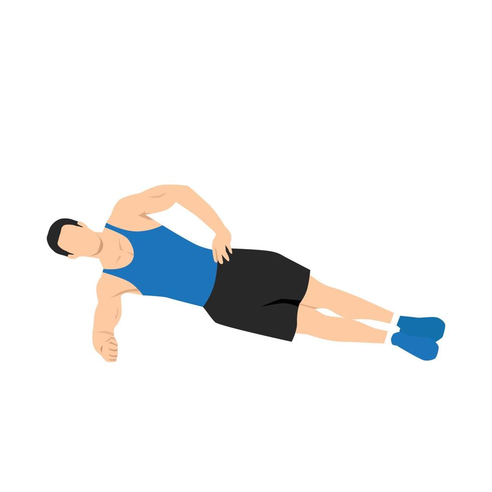 Man doing side plank. Abdominals exercise. Flat vector illustration isolated on white background.
