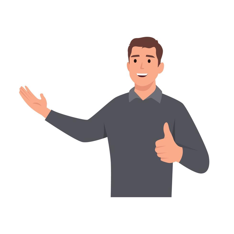 Young man presenting and showing thumbs up OK sign cartoon character . Flat vector illustration isolated on white background