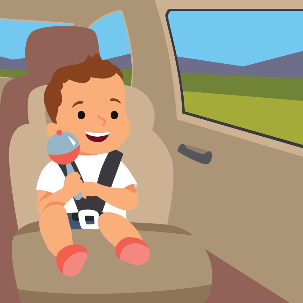 cute baby sitting on the backseat of the car wearing seat belt flat vector illustration