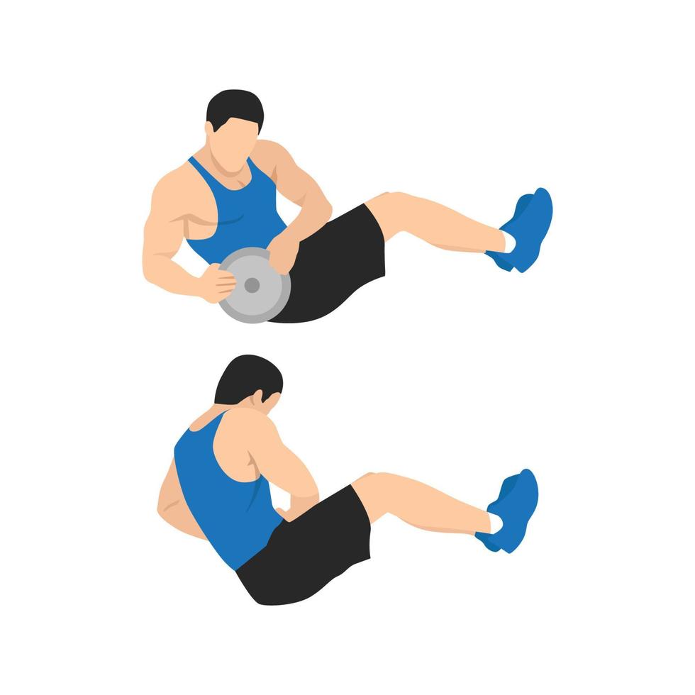 hombre haciendo ejercicio de giros de hombre. ejercicios abdominales ilustración vectorial plana aislada en fondo blanco vector