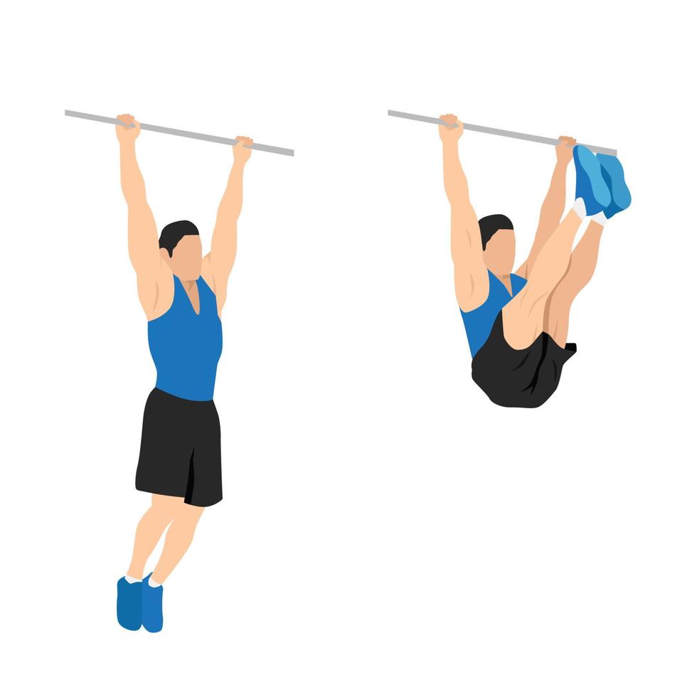 Man doing hanging leg raises to bar flat vector illustration. Abdominals exercise isolated on white background