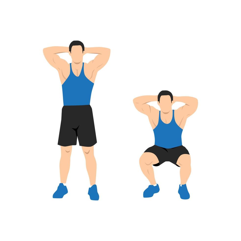 Bodyweight Squat. Young man doing sport exercise. Hand on the back of head flat vector illustration isolated on different layers