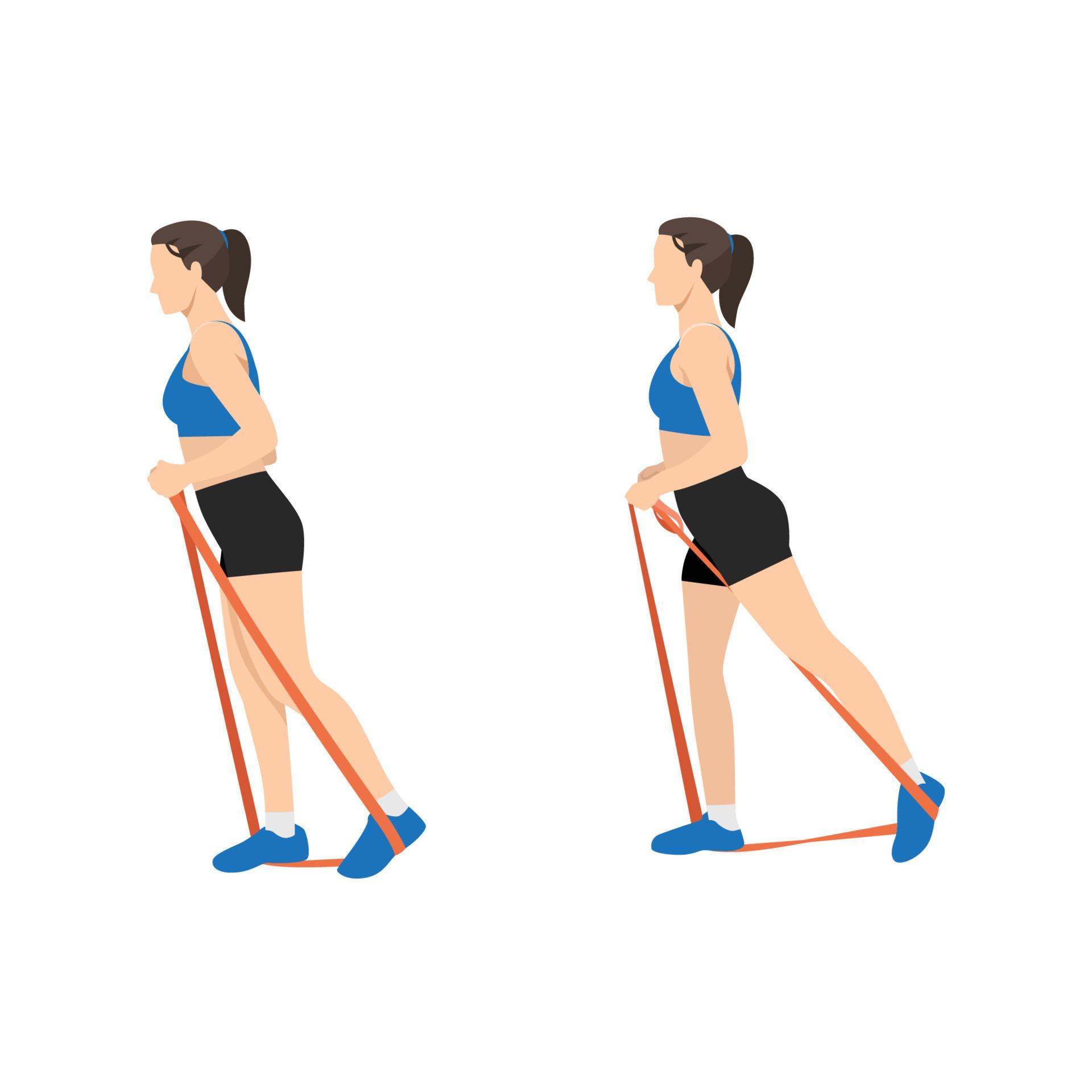 Woman doing backward glute raises with long resistance band exercise