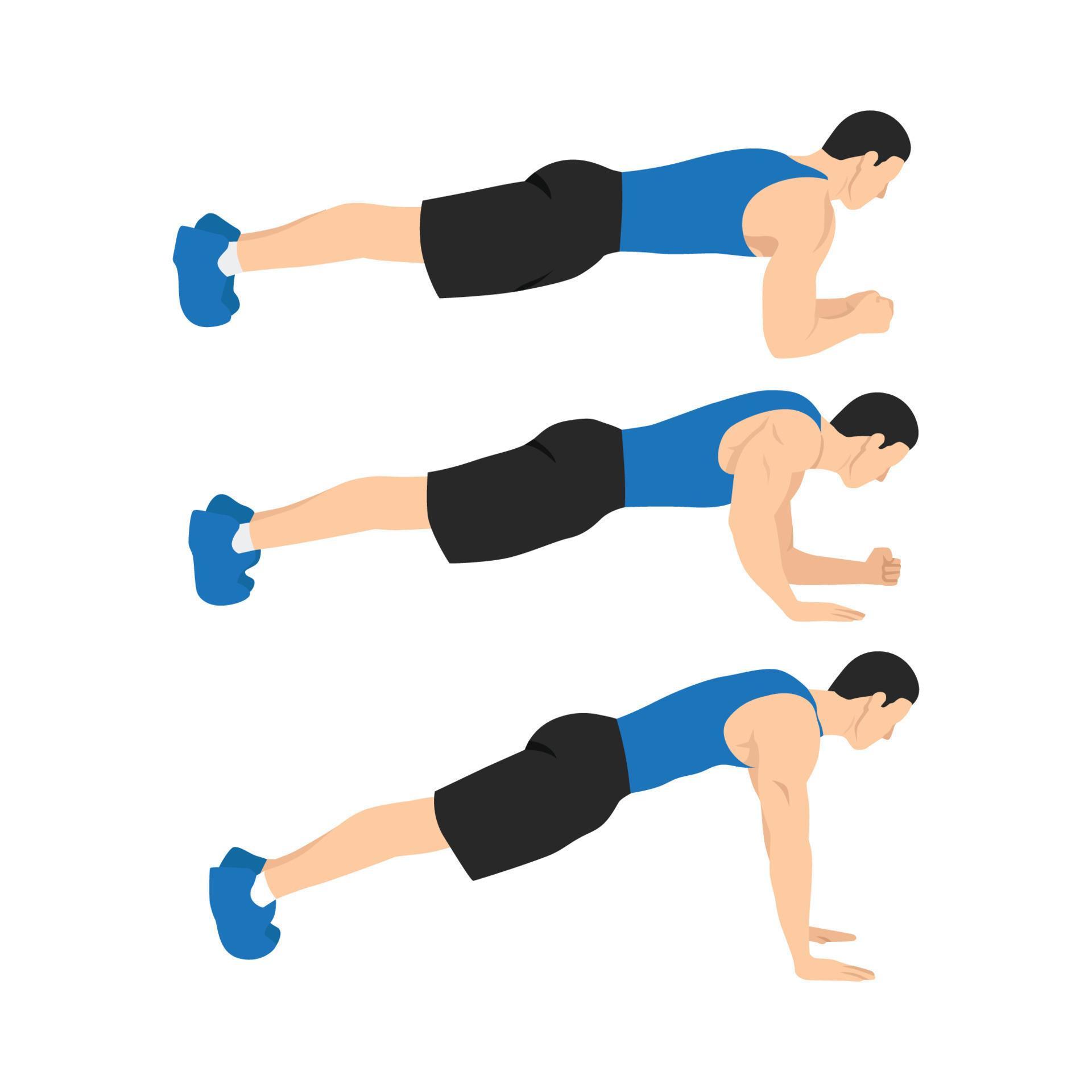 Man doing plank to push ups movement. walking plank updowns. abs exercise flat vector