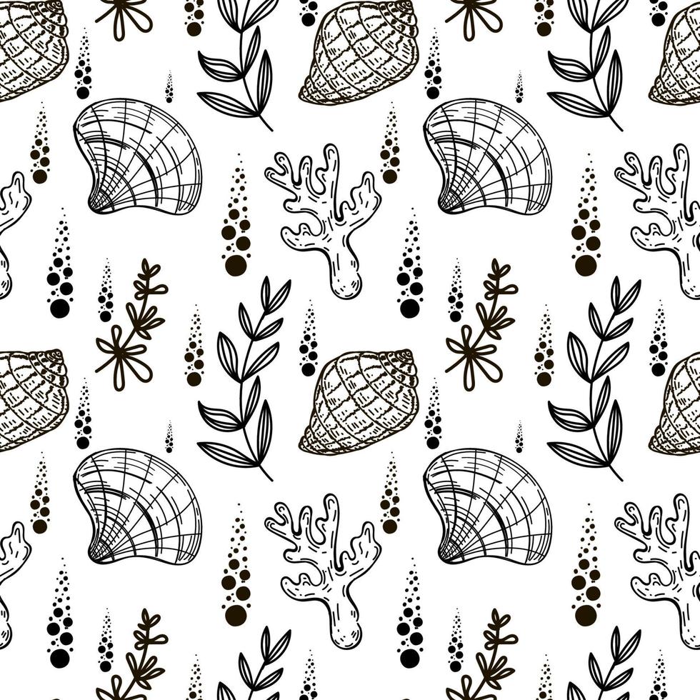 Seamless pattern, hand-drawn sea creatures in sketch style. Shells, coral and seaweed. Monochrome palette. Reef. White background. Isolated. Summer. Ocean. Flat design. Vector illustration