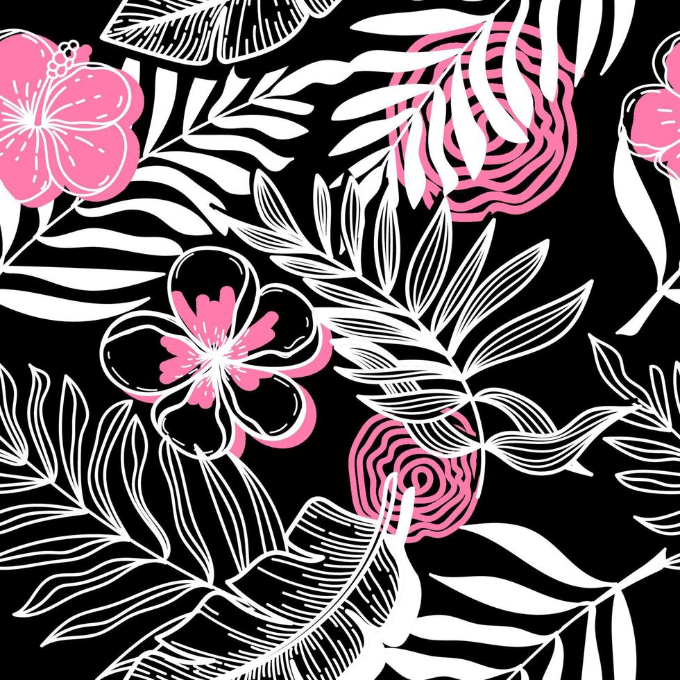 Seamless pattern of abstract tropical elements hand-drawn in sketch style. Monochrome with red spots. Bright strelitia flowers, palm leaves and foliage. Tropics. Summer. Strelicia. Isolated vector