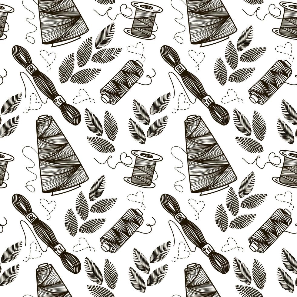 Seamless pattern of thread and embroidery, hand-drawn doodle elements in sketch style. Sewing thread. Embroidered leaves. Sewing. Embroidery. Thread. Handmade. Vector simple illustration