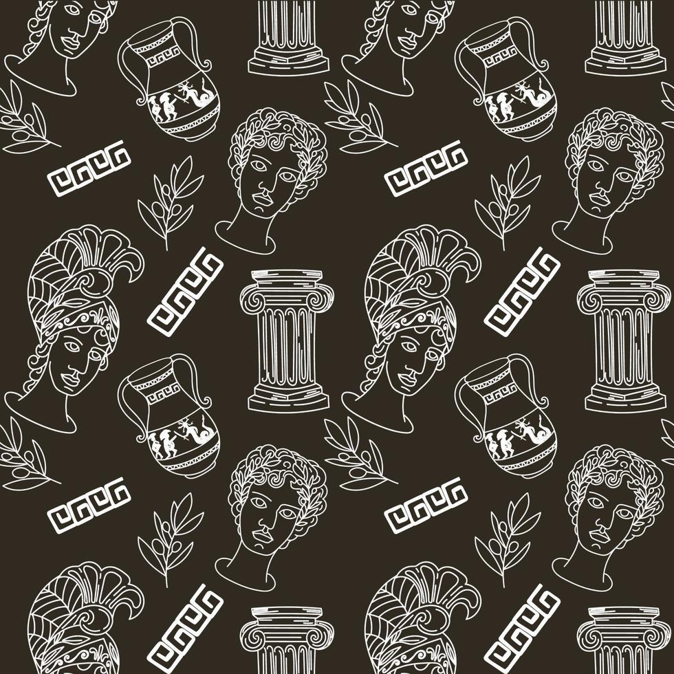 Demonic pattern of the heads of ancient Greek goddesses, drawn in the style of a doodle. Athena. A pitcher of ruta. Ancient Greece and Rome, tradition and culture. Linear trend on black background vector