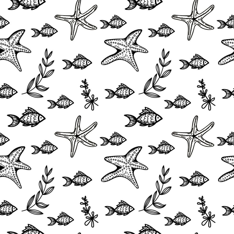 Seamless pattern, hand-drawn sea creatures in sketch style. Starfish, fish and seaweed. Monochrome palette. Reef. White background. Isolated. Summer. Ocean. Flat design. Vector illustration