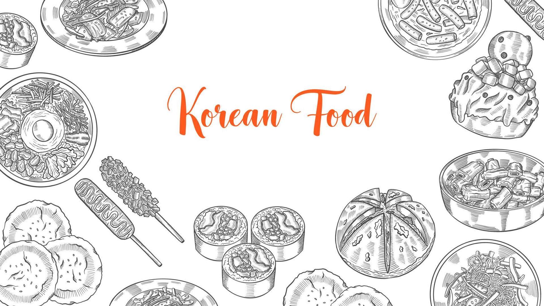 colección de comida coreana o coreana con boceto dibujado a mano para el póster de plantilla de banner de fondo vector