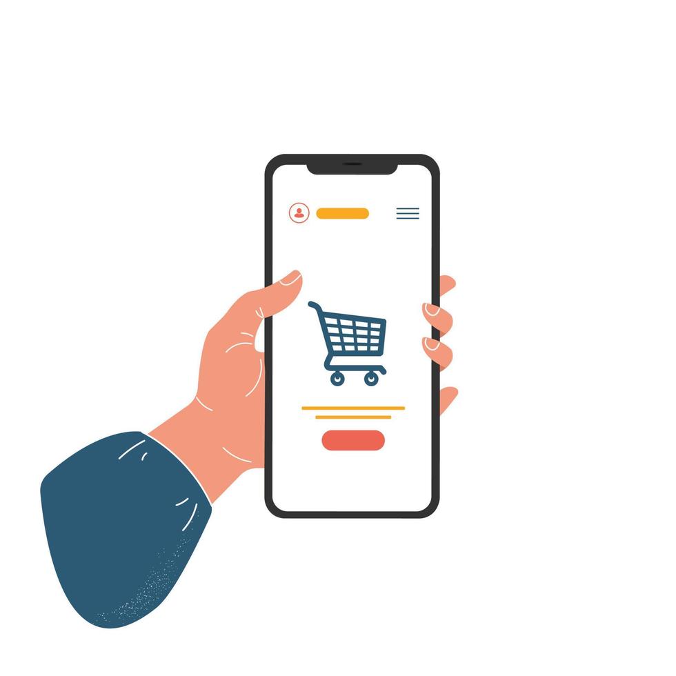 Mobile shopping, hand with phone, shopping basket on screen, flat design, isolated on white background vector