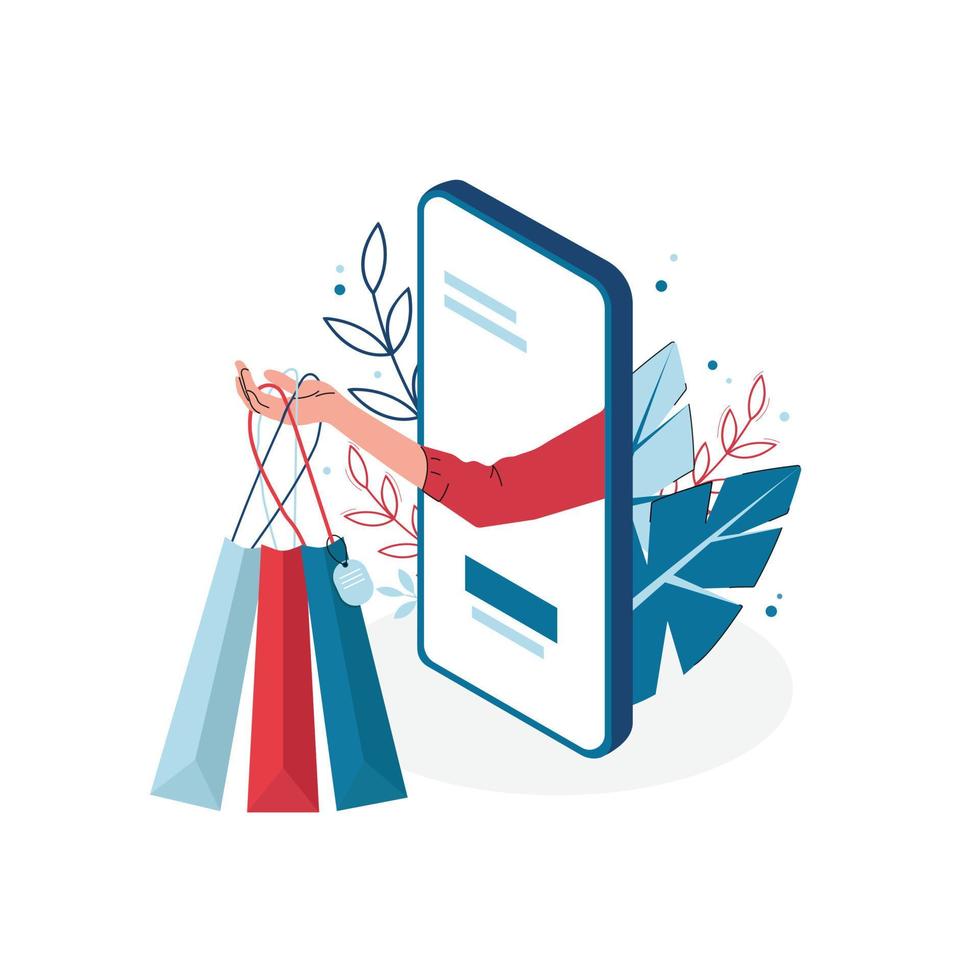 Online shop concept on an isolated white background. From the phone screen, a hand holding packages. vector
