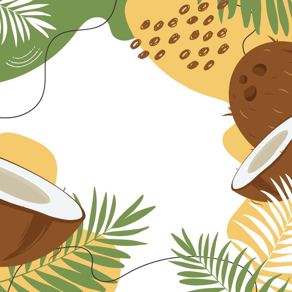 Coconuts with palm leaves on an abstract background. Organic, natural product. Postcard, banner, poster, sticker, print, advertising material. Vector illustration.