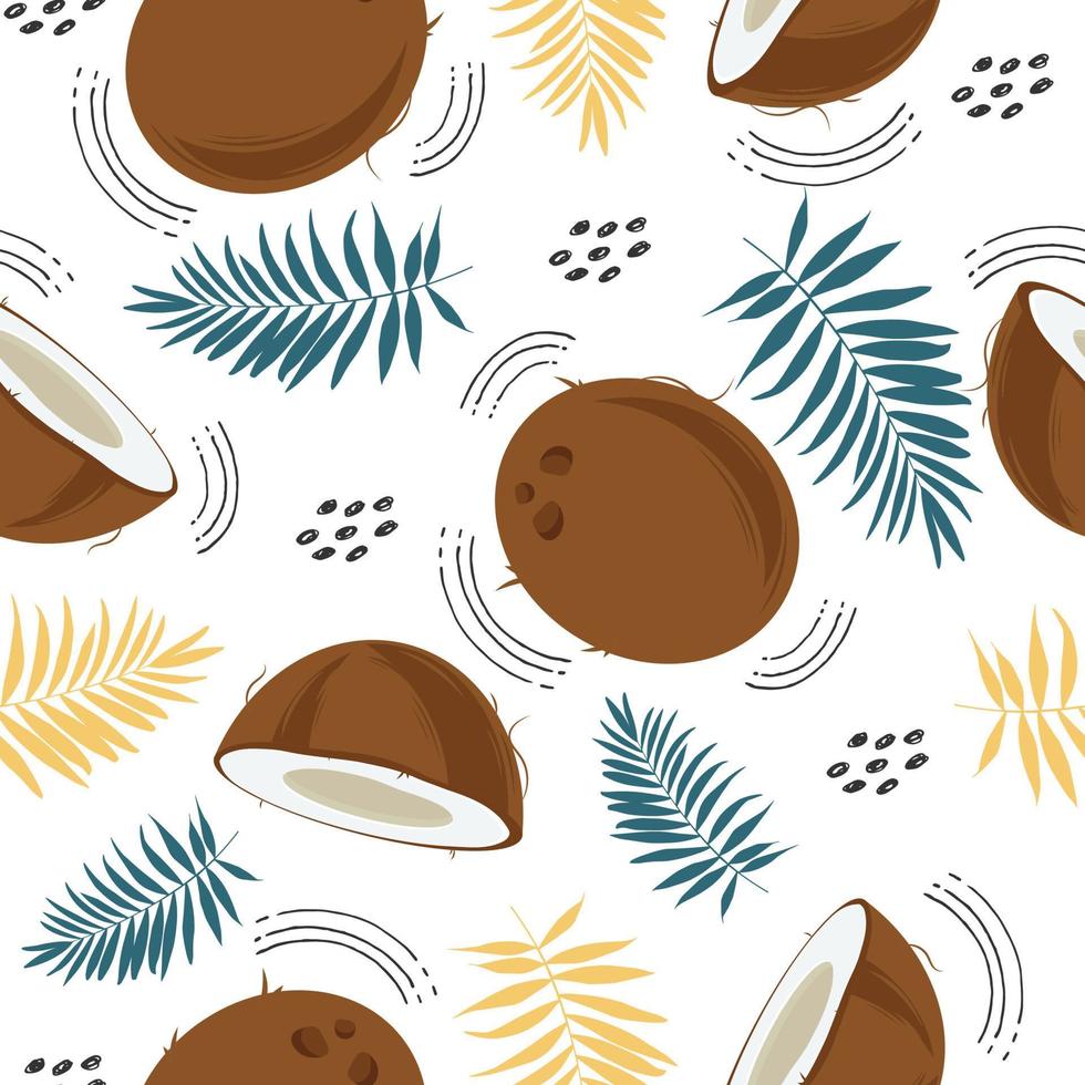 Seamless pattern with coconut and palm leaves and abstract elements, isolated on a white background. Whole coconut and slice. Vector illustration in cartoon flat style.