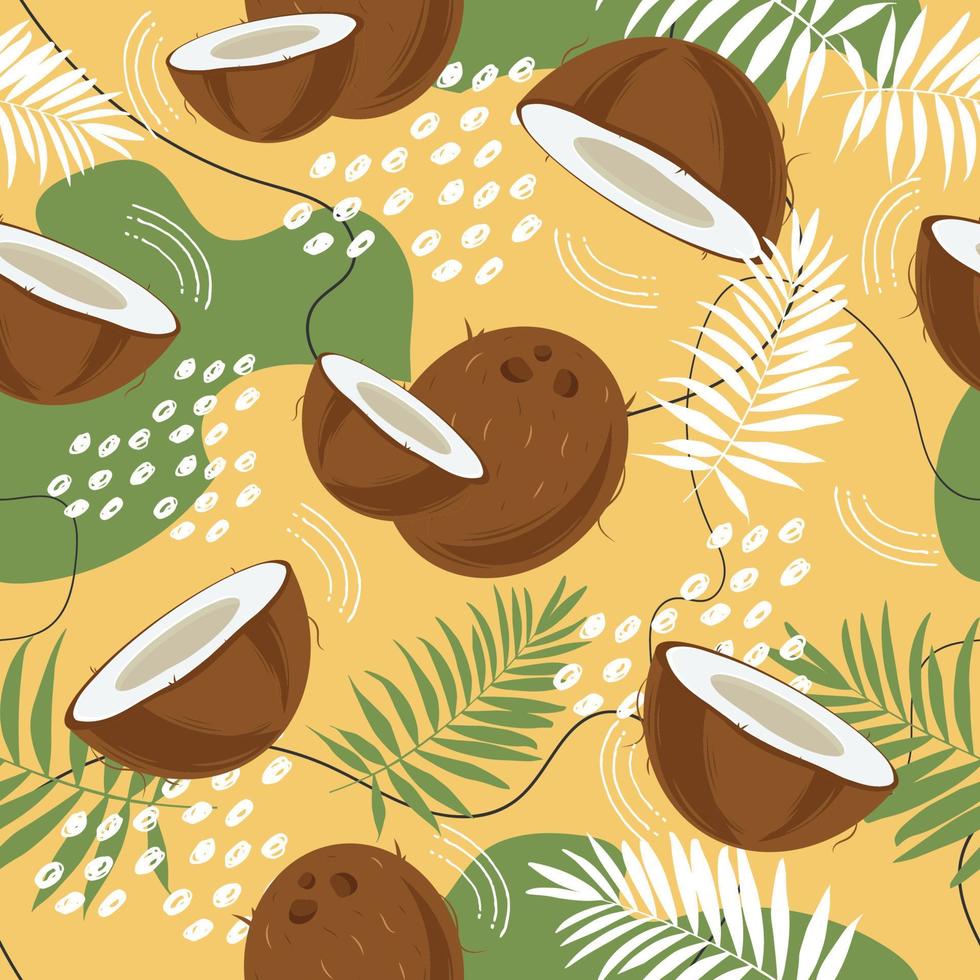 Seamless pattern with coconut, palm leaves and abstract elements. Half coconut. Summer and paradise background. Wallpaper, print, wrapping paper, modern textile design, banner, poster. vector