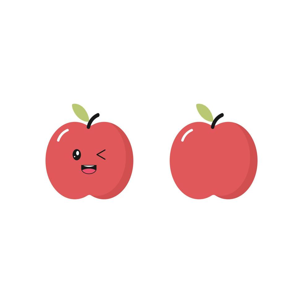 manzana roja con ojos kawaii y sonrisa y sin rostro. Ilustración de vector de diseño plano de una manzana roja sobre un fondo blanco.