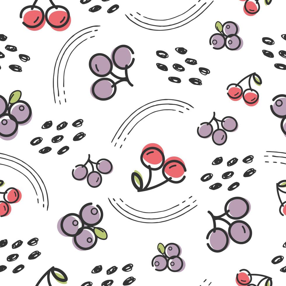 Seamless cartoon patterns with cherry, grape, blueberry fruit and green leaves on white background, vector illustration.