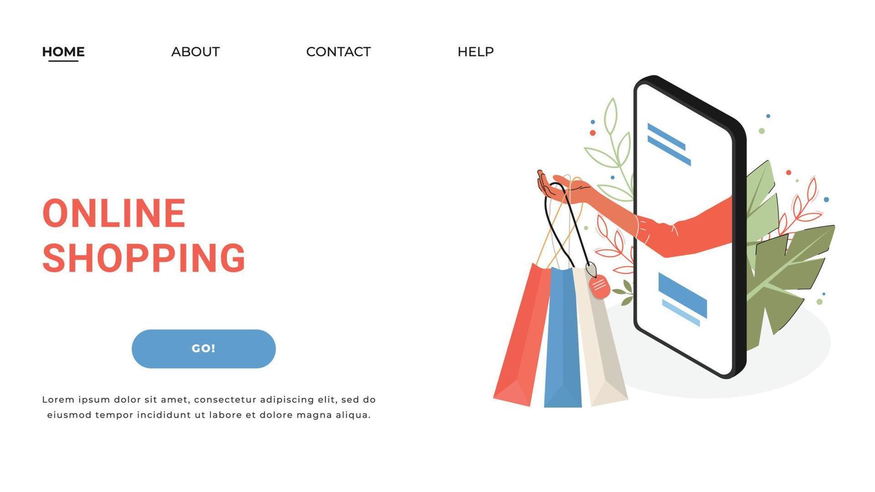 A landing page for an online shop. Online shopping concept. From the phone screen a hand holding packages. vector