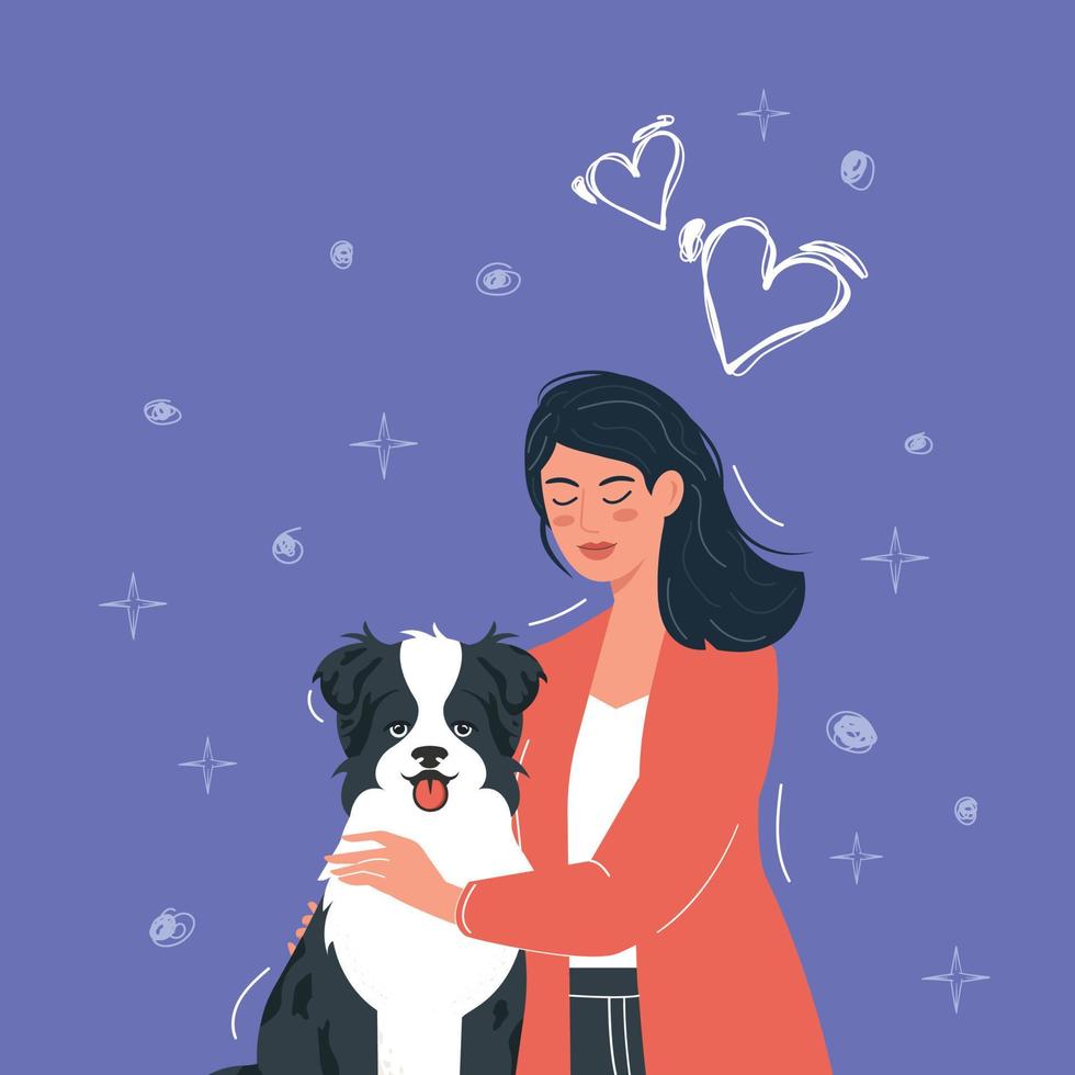 A sweet girl cuddles her beloved pet dog, an Australian shepherd dog. Cartoon-style illustration. vector