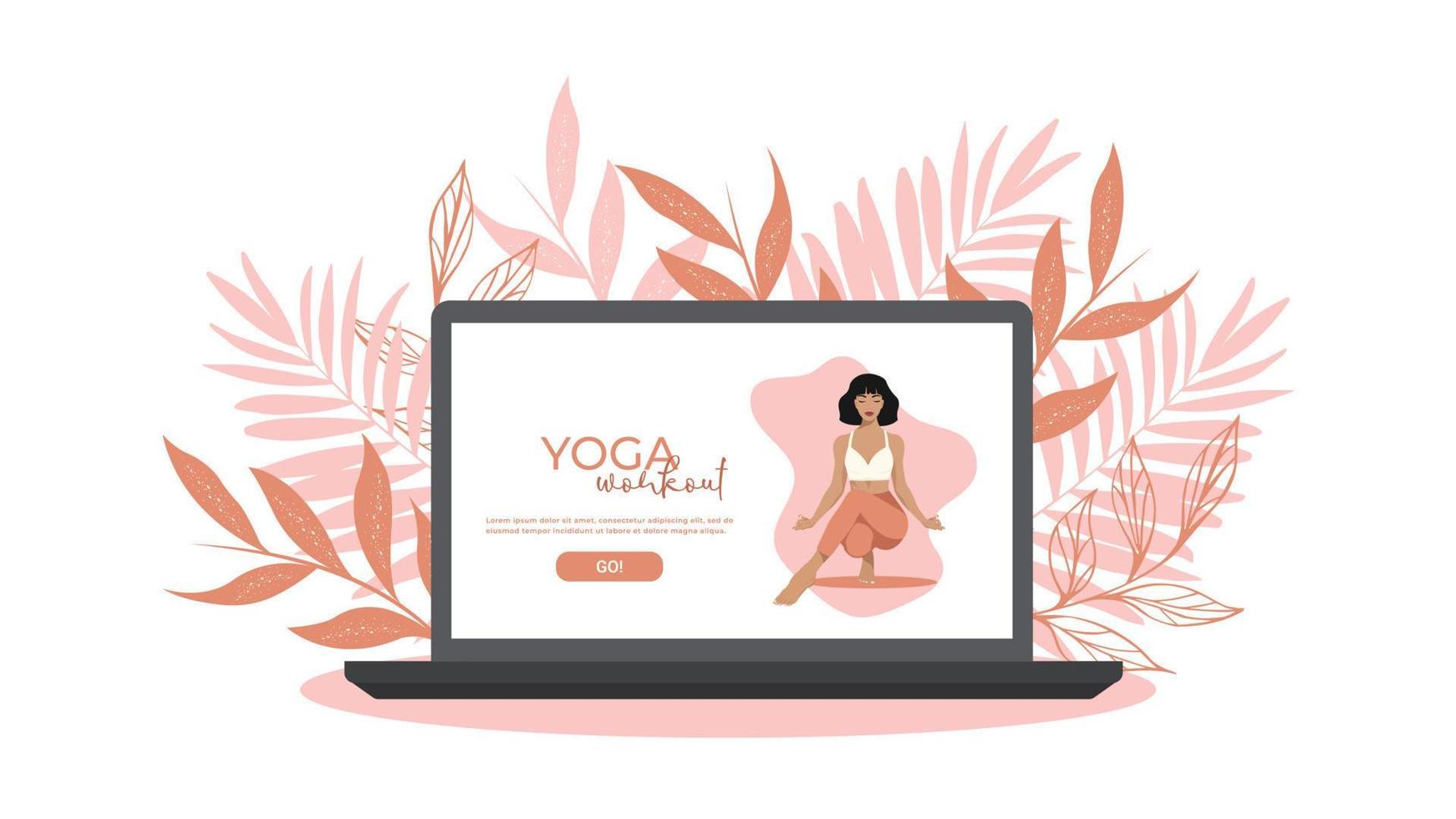 Online yoga web page template. A modern, flat web page design concept. Woman doing a yoga exercise, yoga pose. Vector illustration