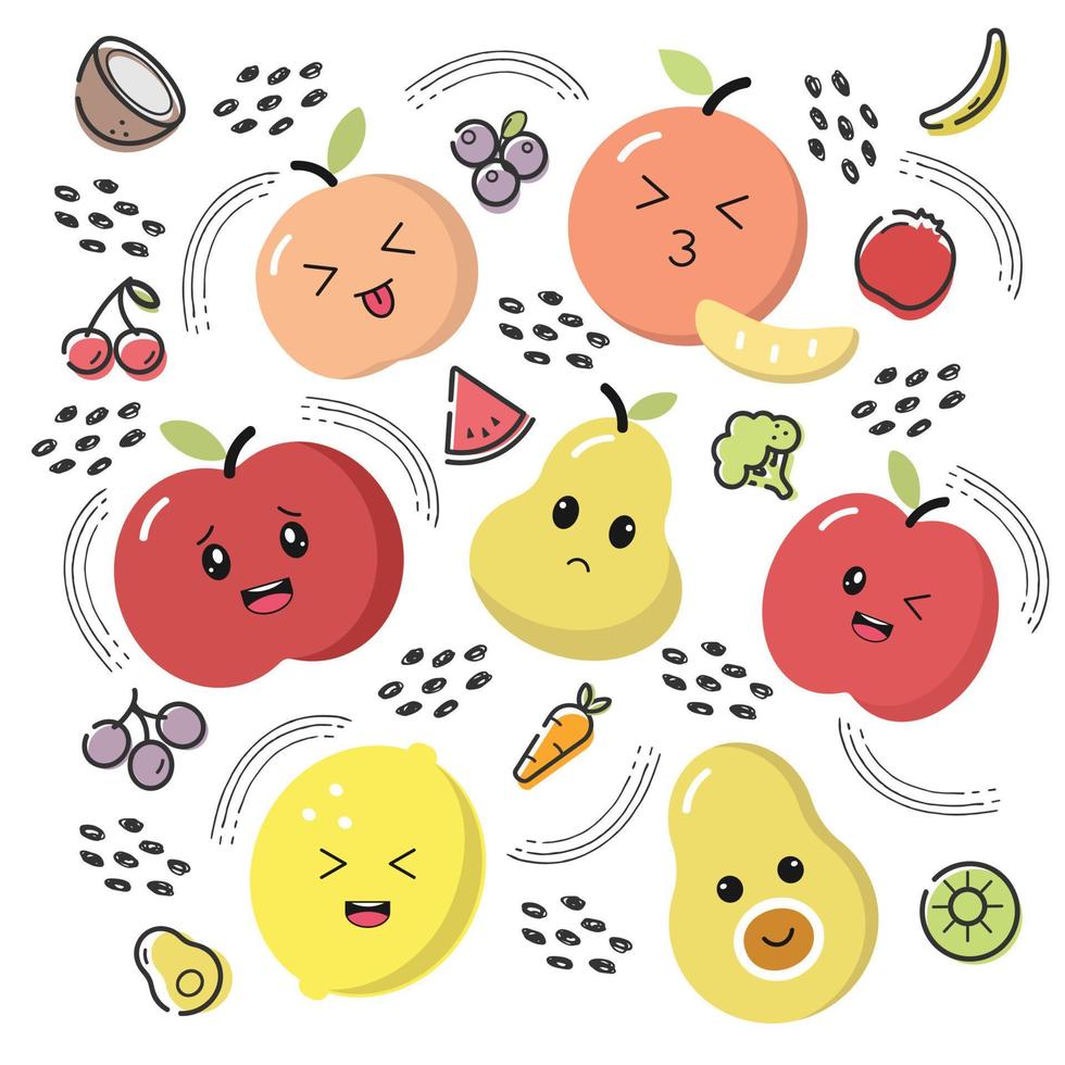 lindas frutas y verduras de dibujos animados con caras divertidas de kawaii.  naranja, plátano, manzana, pera, melocotón, uva, arándano, sandía,  aguacate, limón, brócoli, conjunto aislado de ilustraciones vectoriales.  8573288 Vector en Vecteezy