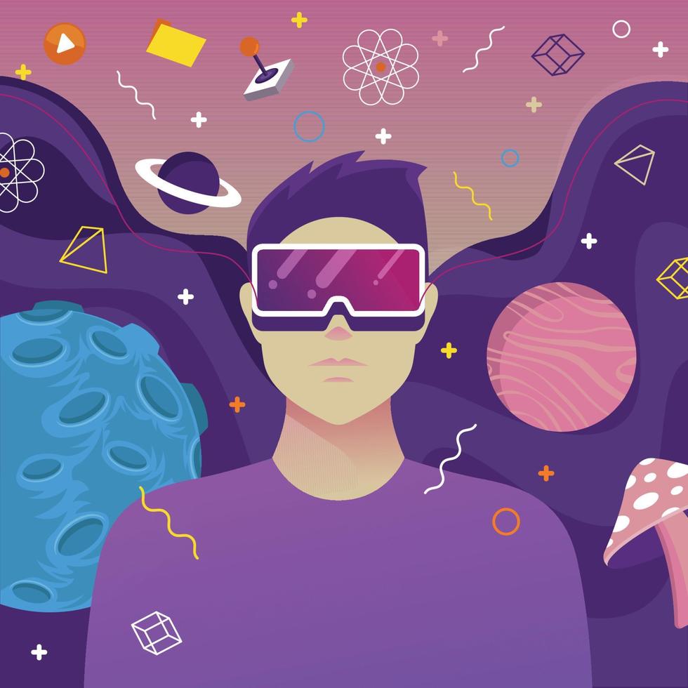 hombre usando gafas de realidad aumentada en el universo virtual vector