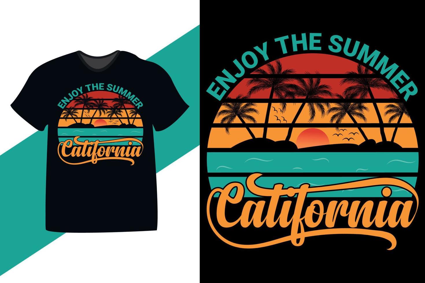 disfrute del diseño de camiseta de playa de verano retro vintage de verano de california. también para tazas, bolsos, sombreros, tarjetas, pegatinas, estampados y mercadería vector