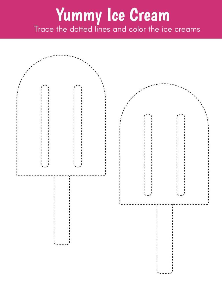 Ice cream to be traced. Trace line worksheet for kids, practicing fine motor skills. Color the picture activity sheet. Vector Illustration