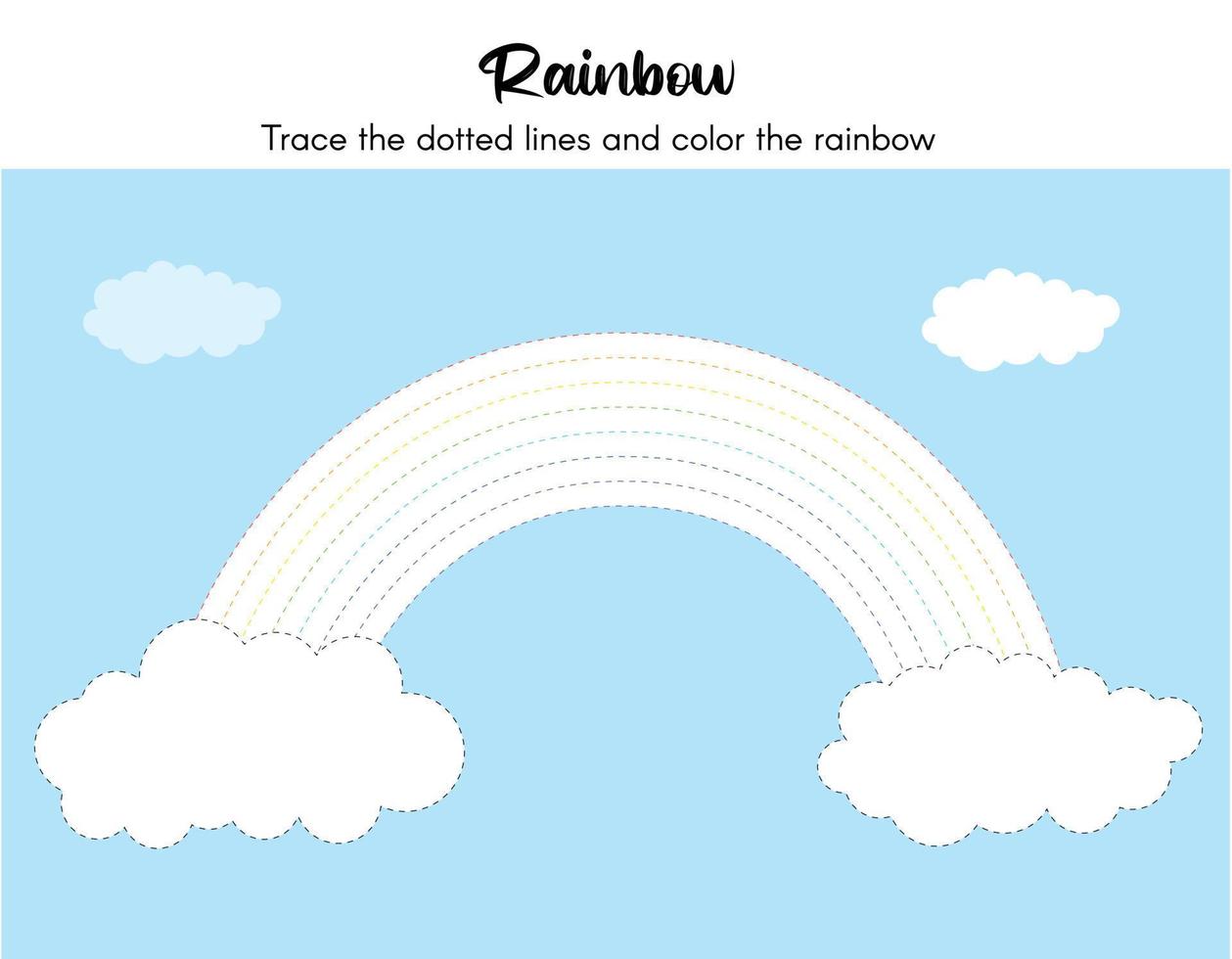 Handwriting practice sheet. Vector illustration of rainbow and clouds for coloring book. Simple educational game for kids