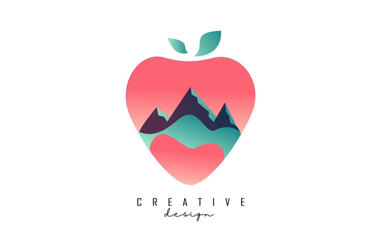 Strawberry Logo with mountain view for mountain lodges.  Creative Vector illustration with fruit, mountains and outdoors view.