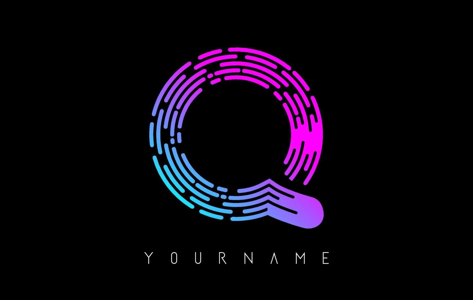 Vibrant pink and blue Q letter logo concept. Creative minimal monochrome monogram with lines and finger print pattern. vector