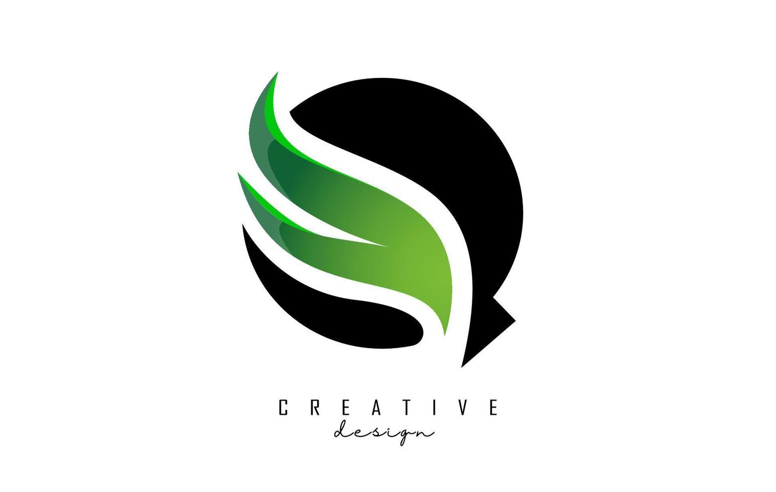 Vector illustration of abstract letter Q with green leaf design.