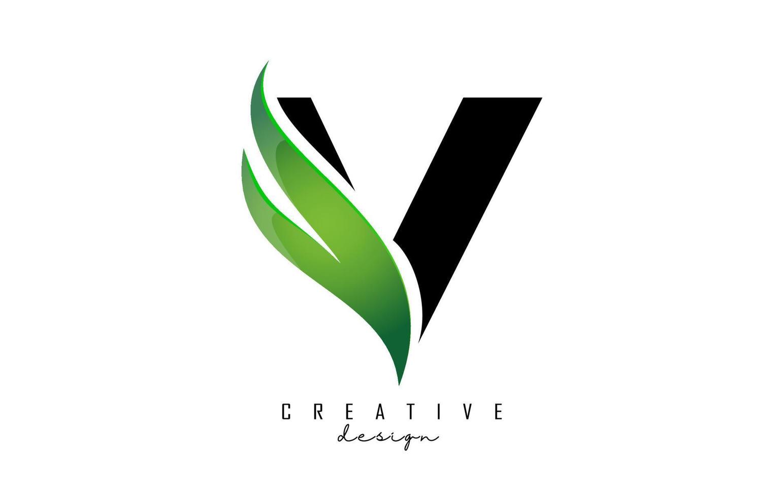 Vector illustration of abstract letter V with green leaf design.