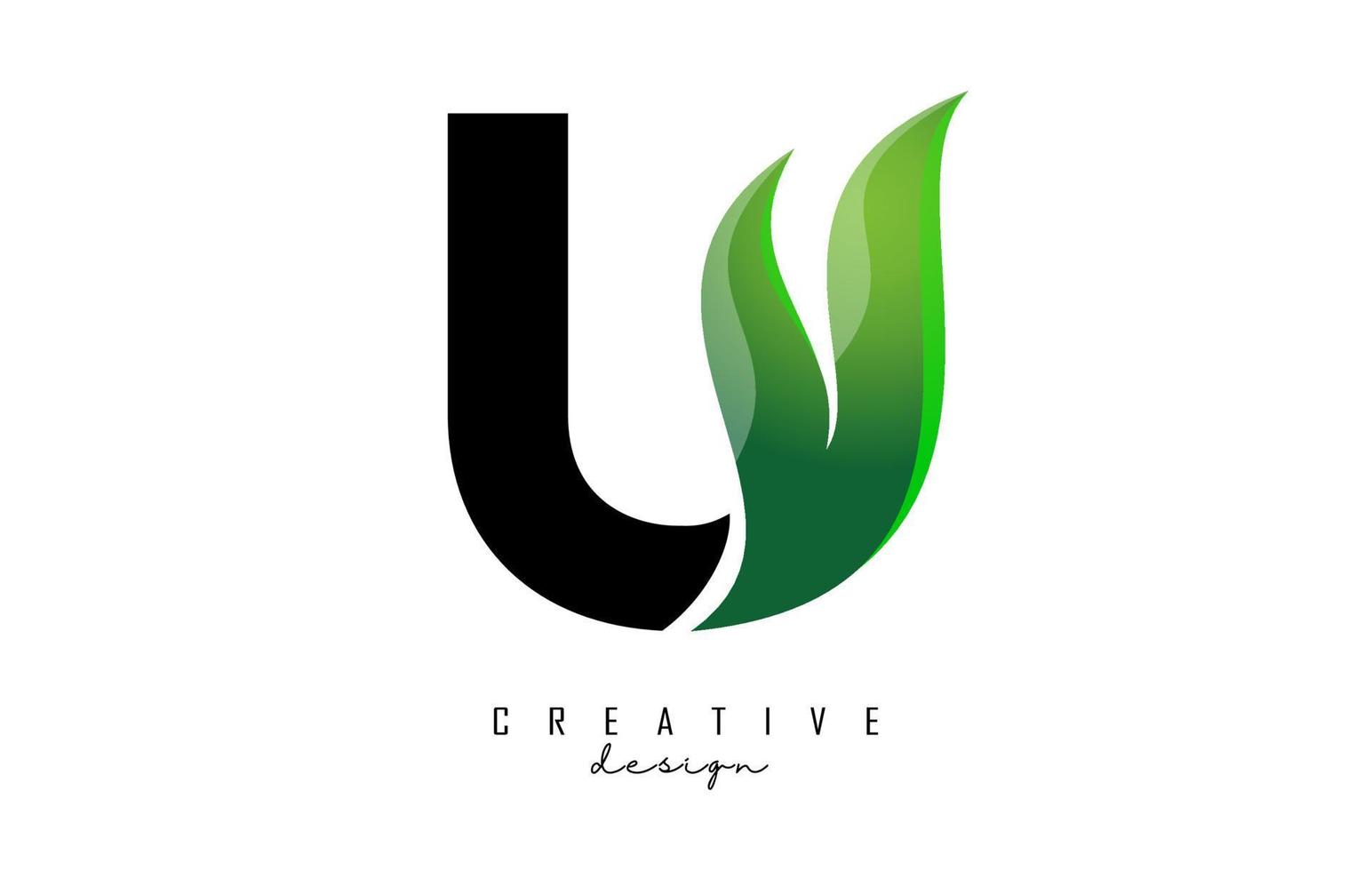 Vector illustration of abstract letter U with green leaf design.