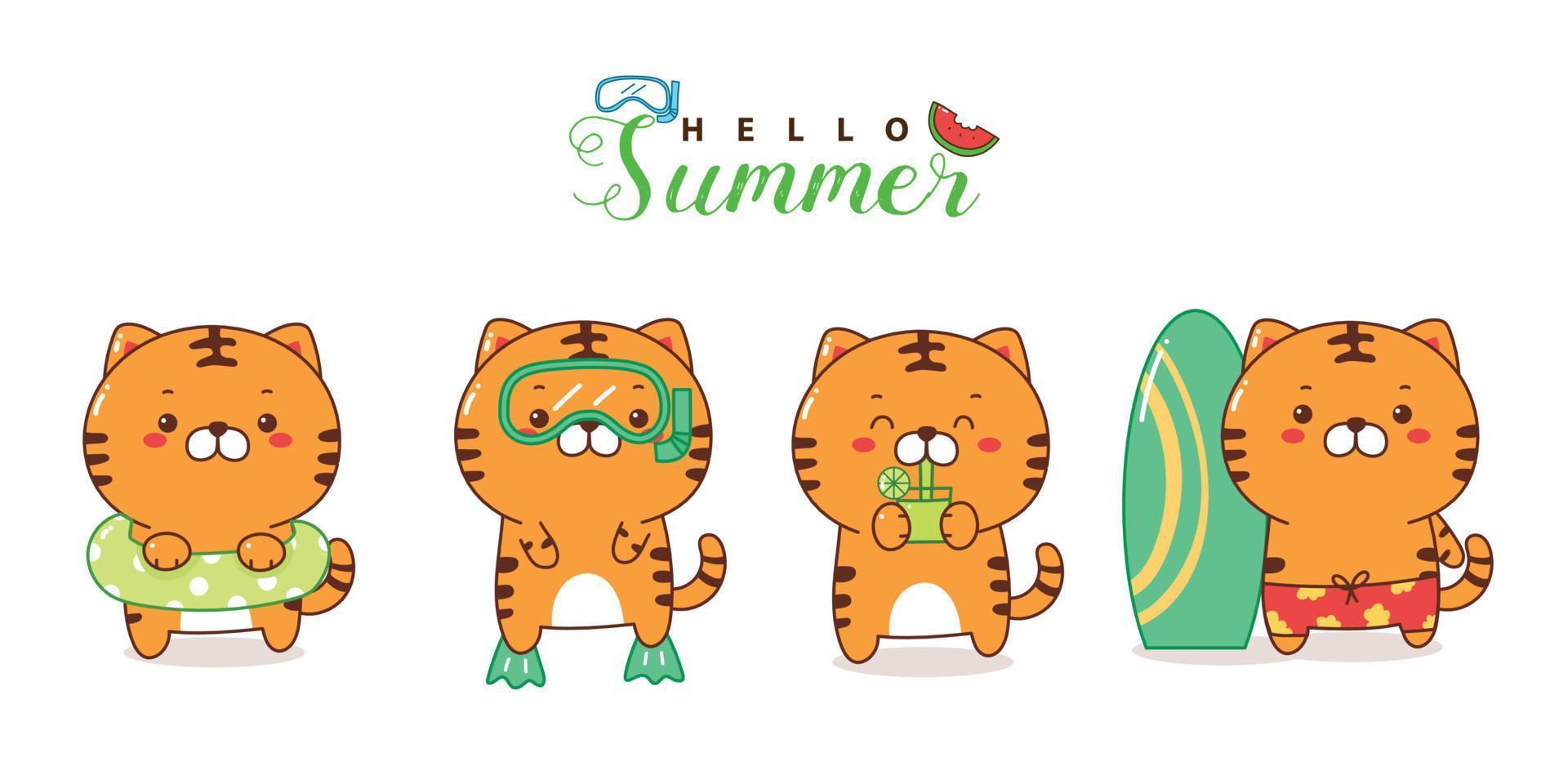 lindo conjunto de verano de dibujos animados de tigre kawaii. vector