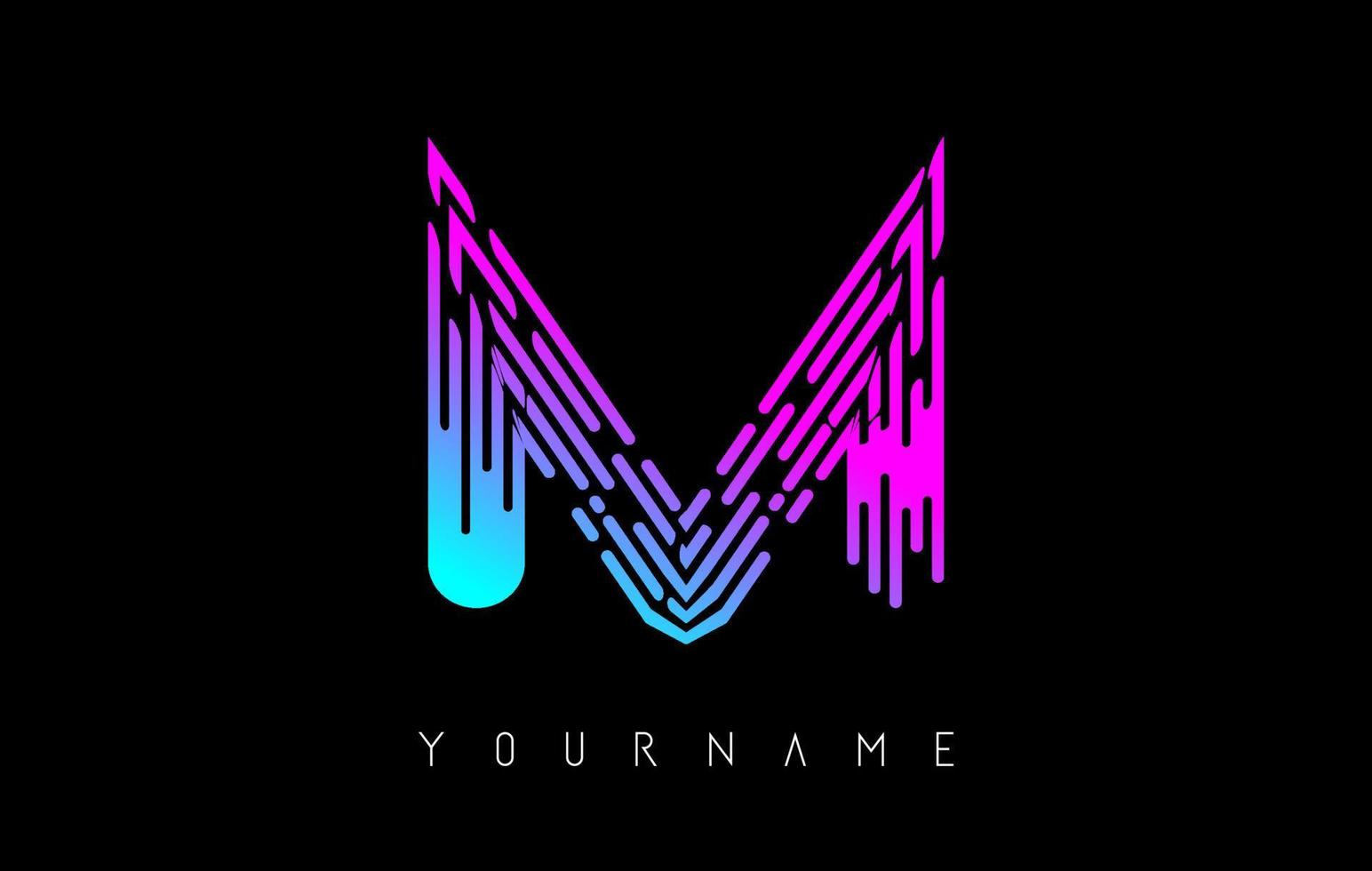 Vibrant pink and blue M letter logo concept. Creative minimal monochrome monogram with lines and finger print pattern. vector